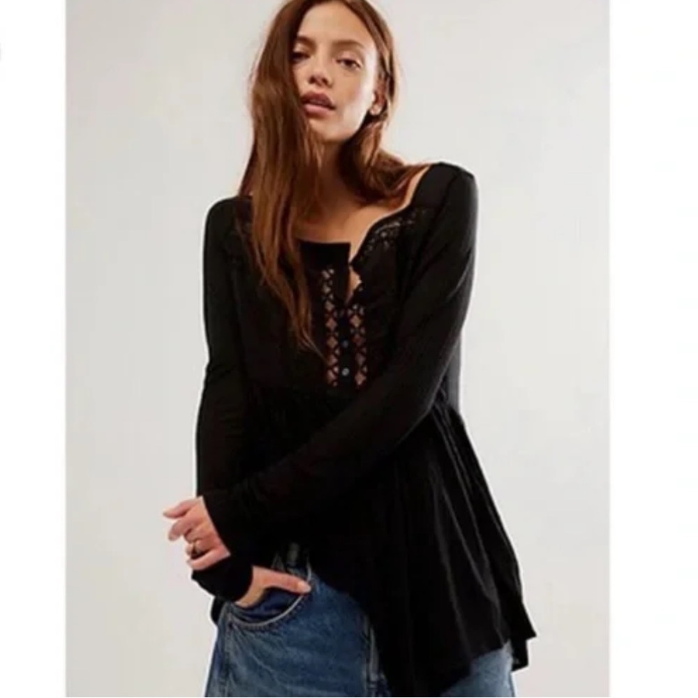 Free People Black Lace-Trim Long Sleeve Women's Top